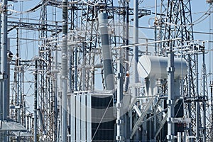 Dangerous High Voltage Electrical Power Substation against cloudless blue sky XVI