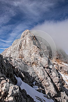 Dangerous hiking trail towards Triglav top