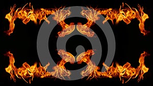 Dangerous hot inferno fire flames photo frame abstract fire squares on black background for design