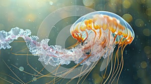 A dangerous jellyfish with an orange body and long tentacles that sting swims underwater. underwater life