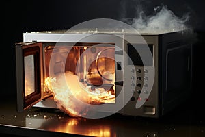 Dangerous kitchen scene. overheated microwave results in fiery flames and smoke