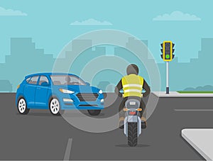 Dangerous left turn in front of a motorcycle. Road accident involving a car and a motorcycle.