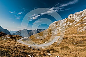 Dangerous Mangart pass road in Julian Alps, Slovenia