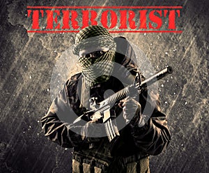 Dangerous masked and armed man with terrorist sign on grungy background