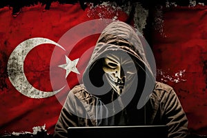 Dangerous Masked Hacker performing cyberattack Turkish flag as background.