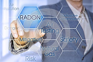 Dangerous natural gas Radon - Concept with business manager pointing to icons against a digital display