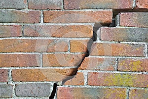 Dangerous old exposed cracked brick wall due to structural foundation failure