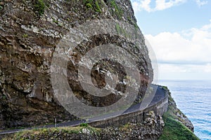 Dangerous part of the old road with rockfall