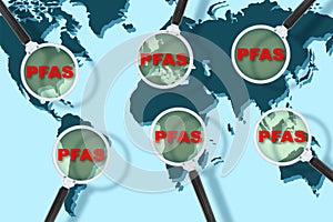 Dangerous PFAS in the world concept - Global map illustration concept of the per-and polyfluoroalkyl substances