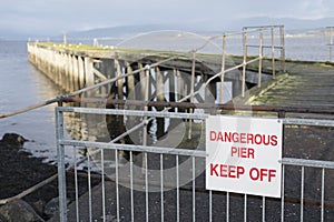 Dangerous Pier Jetty Derelict Rotten Wooden Keep Off Sign By Sea Beach