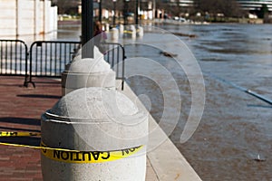 Dangerous river flood at harbor.