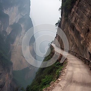 Dangerous road, path under a rock over a cliff, on the edge of an abyss, risk, danger