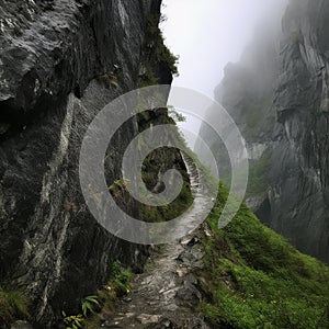 Dangerous road, path under a rock over a cliff, on the edge of an abyss, risk, danger, mountain tourism