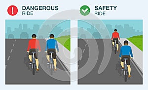 Dangerous and safety bicycle ride on road. Single file and two abreast riding.