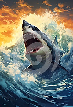 Dangerous Shark with Open Mouth on Ocean Waves Computer Sticker