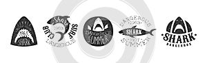 Dangerous Shark Surf Club Black And White Badge Vector Set