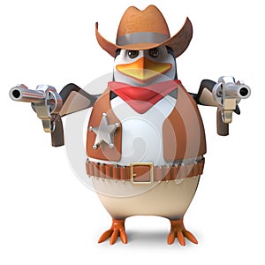 Dangerous sheriff penguin the wild west cowboy draws both his pistols, 3d illustration