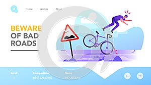 Dangerous Situation on Highway Landing Page Template. Bicyclist Male Character Stumble and Fall from Bicycle on Bad Road