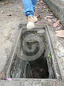 Dangerous situation when a man nearly fall into a drain