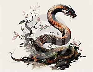 The dangerous snake, one of 12 chinese zodiac animal, painted in the way of chinese style.