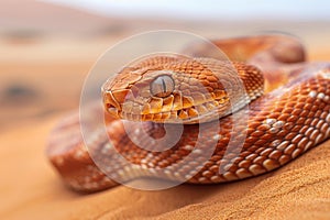 Dangerous snake ready to attack in arid desert environment, imminent threat in wilderness