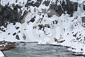 Dangerous Snow Covered Rock Face at Great Falls, Virginia, USA