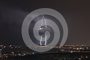 Dangerous storm of lightning and lightning in the clouds that touch the ground