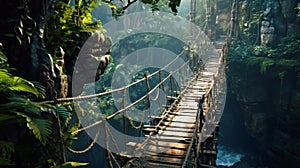 Dangerous suspension wood bridge in jungle, vintage wooden hanging footbridge in green tropical forest. Scene like in adventure