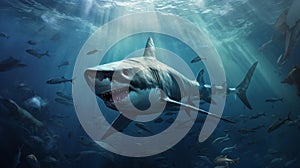 A dangerous toothy shark swims underwater hunting fish. Shark is a predator in the wild in the ocean. Front view of the