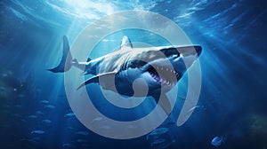 A dangerous toothy shark swims underwater hunting fish. Shark is a predator in the wild in the ocean. Front view of the