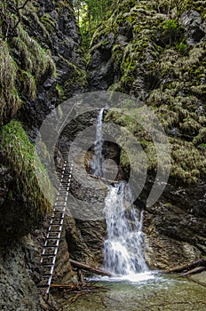 Dangerous trail across waterfall (using Via Ferrata), Slovak P