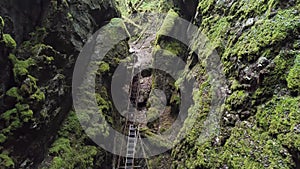 Dangerous trail through the deep gorge in green forest in the summertime. Stock footage. Top aerial view of the steep