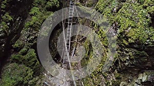 Dangerous trail through the deep gorge in green forest in the summertime. Stock footage. Top aerial view of the steep