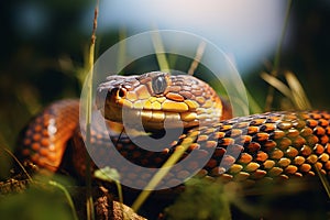 Dangerous Venomous Poisonous Snake Animal with Sharp Gaze Focus Monitoring Prey in Grass