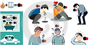 Dangers of carbon monoxide poisoning and symptoms vector graphics illustration