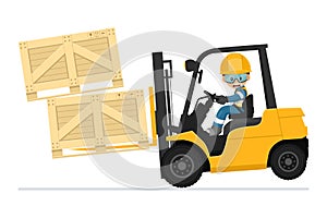 Dangers of driving a forklift. Accident due to excess weight in a fork lift truck. Work accident in a warehouse. Forklift driving