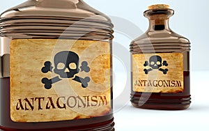 Dangers and harms of antagonism pictured as a poison bottle with word antagonism, symbolizes negative aspects and bad effects of photo