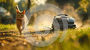 Dangers of modern technology: An autonomous robotic lawnmower chases a ginger cat across a sunlit lawn