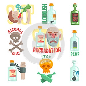 Dangers and risk from alcohol set, alcoholism vector Illustrations