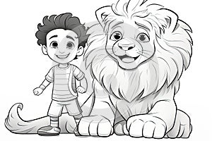 Daniel and a lion, kids coloring page. Generative AI
