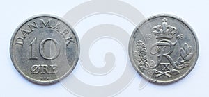 Danish 10 Ore 1948 year copper-nickel coin, Denmark. Coin shows a monogram of Danish King Frederick IX of Denmark