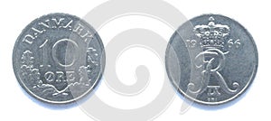 Danish 10 Ore 1966 year copper-nickel coin, Denmark. Coin shows a monogram of Danish King Frederick IX of Denmark