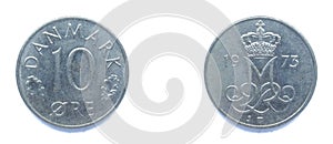 Danish 10 Ore 1973 year copper-nickel coin, Denmark. Coin shows a monogram of Danish Queen Margrethe II of Denmark