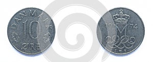 Danish 10 Ore 1974 year copper-nickel coin, Denmark. Coin shows a monogram of Danish Queen Margrethe II of Denmark