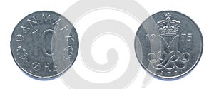 Danish 10 Ore 1975 year copper-nickel coin, Denmark. Coin shows a monogram of Danish Queen Margrethe II of Denmark