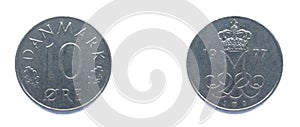 Danish 10 Ore 1977 year copper-nickel coin, Denmark. Coin shows a monogram of Danish Queen Margrethe II of Denmark