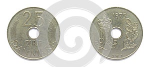 Danish 25 Ore 1975 year copper-nickel coin, Denmark. Coin shows a monogram of Danish Queen Margrethe II of Denmark