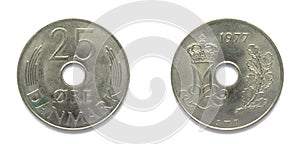 Danish 25 Ore 1977 year copper-nickel coin, Denmark. Coin shows a monogram of Danish Queen Margrethe II of Denmark