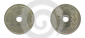 Danish 25 Ore 1979 year copper-nickel coin, Denmark. Coin shows a monogram of Danish Queen Margrethe II of Denmark
