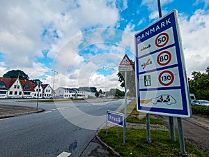 Danish Border street sign in Krusa Danmark saying Danmark & x28;Denmark& x29; on the Danish and German border road